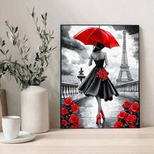 1pc 5D Full Round Drill Diamond Painting Kit, Rainy Paris Eiffel Tower Back View Lady With Red Umbrella Red Rose Pattern, 30*40cm Unframed DIY Rhinestone Embroidery Wall Decor Craft Gift For Adult Beginners - round diamond - View 4