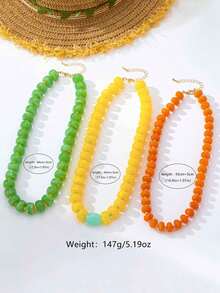 1 pieza/3 piezas Collar de cuentas de resina de estilo bohemio de 3 capas apiladas con color de contraste, cuentas redondas asimétricas naranja verde amarillo, cadena exagerada para la clavícula, collar tipo choker con vibra de vacaciones en la playa, accesorio para mujer - collar de cuentas - Ver 4