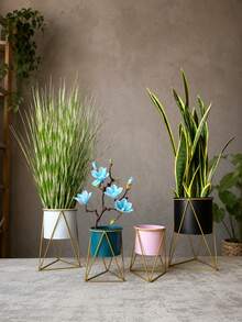 1pc/Set Creative Metal Plant Pot With Gold Geometric Stand, Vintage Style Succulent Planter, Large Desktop Flower Pot, Suitable For Balcony, Living Room, Office, Home Garden Decoration - Multiple Styles - View 4