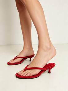 Red Suede Toe-Post Flip-Flop Heel, Summer New Low Commute Versatile Sandals, Comfortable Outdoor Beach, Kitten - Red - View 4