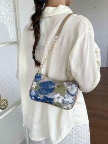 Mini Minimalist Chain Strap Solid Color Floral Pattern Shoulder Bag (Floral Position Randomly Varies) - Blue - View 7