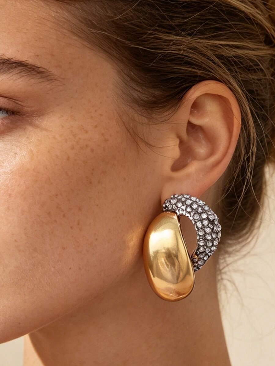 1 Pair Elegant Cool-Tone High-End Teardrop Gold Contrast Color Full Rhinestone Earrings Minimalist Eye-Catching Women's Jewelry - Gold and Diamond-encrusted Earrings - View 1