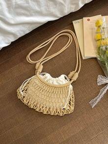 New Minimalist Woven Handmade Women's Beach Bag - Khaki - View 5