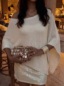 Women's Casual Vacation Style Solid Color Asymmetrical Neck Batwing Sleeve Loose Sweater, Spring/Autumn Summer - Beige Color - View 7