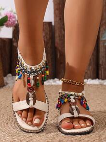 Women's White Bohemian Style Colorful Beaded Thong Sandals With Back Strap, Flat Vacation Beach Shoes - White - View 6
