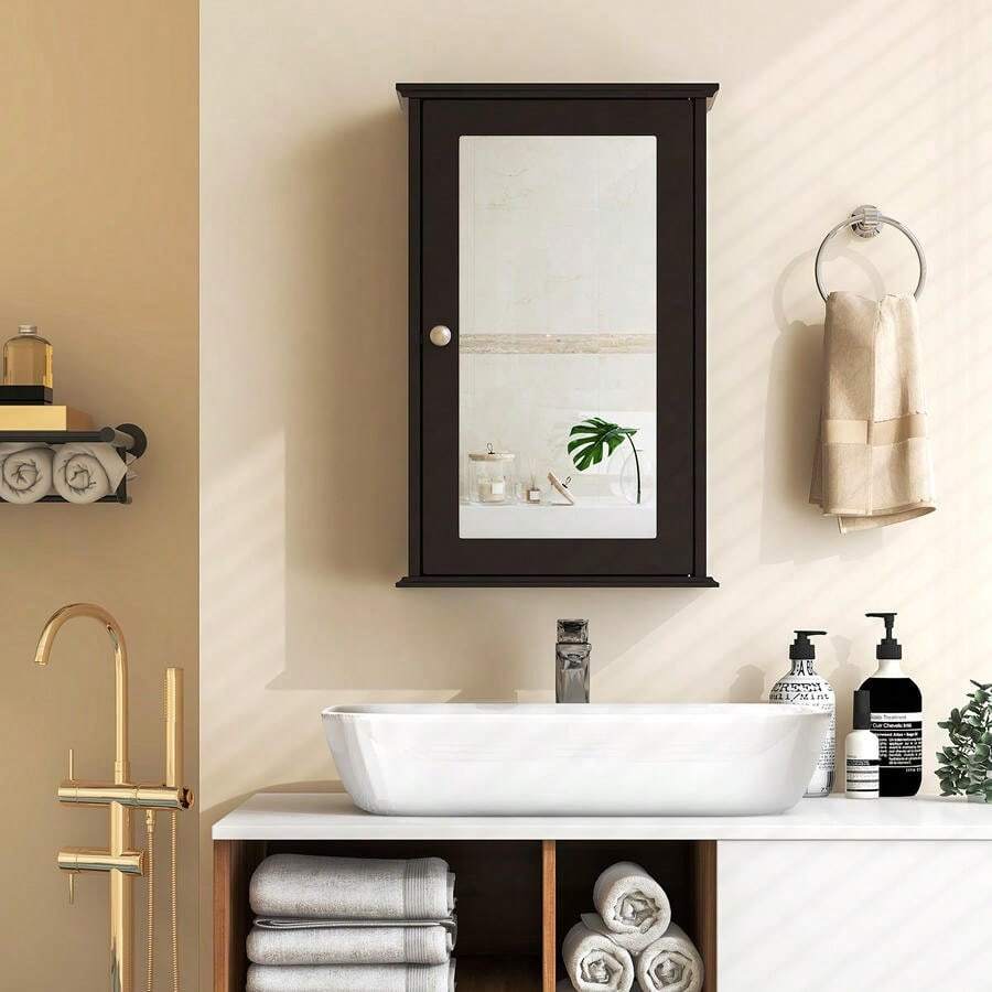 Bathroom Wall Cabinet With Single Mirror Door-Brown-XY553535 - FXCVMULHRV5LD0 - View 1