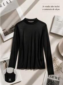 Blusa Segunda Pele Feminina Tule Transparente Manga Longa Gola Alta Ajustada Moda Blogueira Elegante - Preto - Visão 5