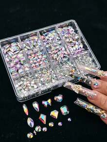 Best-Selling 12-Grid Flat Bottom Irregular Rhinestone Nail Art Decor, Iridescent Mixed Round Glass Rhinestones Nail Accessories - Baby Pink - View 5