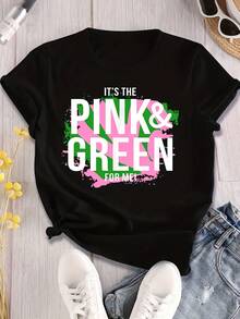J15 AKA 1908 Pink And Green Printed Crew Neck T-Shirt, Pink And Green Background, Sportswear, Everyday Top, Women's Clothing - 黑色 - 查看 1