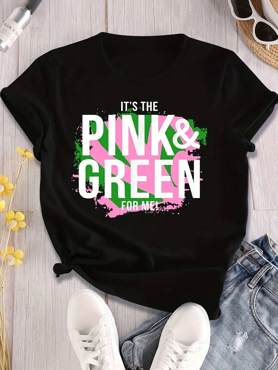 J15 AKA 1908 Pink And Green Printed Crew Neck T-Shirt, Pink And Green Background, Sportswear, Everyday Top, Women's Clothing - 黑色 - 查看 1