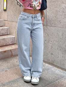 Quần jeans nữ ống đứng màu sáng cổ điển với túi sau thêu họa tiết, thích hợp mặc hàng ngày vào mùa xuân. - Rửa nhẹ - Xem 5