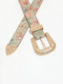 1pc Men's Western Style Matte Engraved Belt, Summer Versatile Jeans Accessory, Western Cowboy Rhinestone Buckle Belt, Floral Jacquard Strap, Exaggerated Athletic Style - Light Green - View 4
