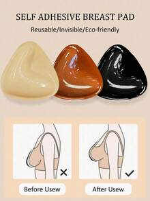 1 Pair Double-Sided Self-Adhesive Breast Pads, Triangle Thickened Support Design, Reusable, Waterproof, Suitable For Swimming - Khaki - View 3