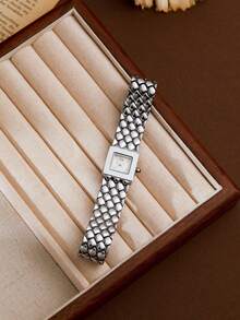 XIVIYA 1pc Women's Gold Vintage Rhombus Design Steel Strap Waterproof Wristwatch, Heavy Craftsmanship, Premium Feel, Holiday Gift, Suitable For Parties, Daily Commute, Exquisite Styling - Silver - View 4
