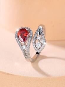 1 Elegant And Stylish Teardrop-Shaped Red Zirconia Open-Band Ring With Full Diamond Setting-Perfect For Banquets Parties Dances Birthdays And Holidays - Silver+Red - View 2