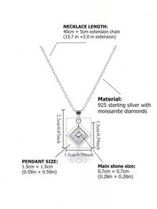 S925 Sterling Silver Minimalist Square Pendant Necklace With Shiny Center Stone, Sleek Geometric Frame, Delicate Chain, Perfect For Everyday Wear - Silver - View 5
