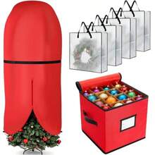 6 Pcs Upright Christmas Tree Storage Bag Set Christmas Tree Storage Bag 26" Xmas Wreath Containers 11.8" Ornament Bags With Dividers Hold 64 Balls For Artificial Trees Garland - Red - View 2