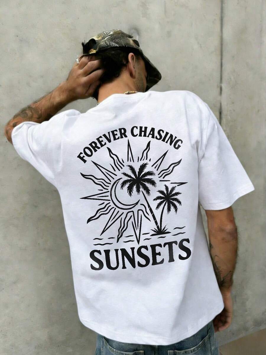 Fractyr Men's Casual Vacation Street Style Loose Short-Sleeve T-Shirt | Minimalist Palm Tree And Sun Letter Print | Exquisite Design - 白色 - 查看 1