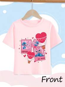 Camiseta Disney 100% algodón puro de manga corta rosa, estilo Disney adorable, camiseta para mujer, Stitch y Lilo con corazones y motivo "Be Mine", Día de San Valentín, para niñas y mujeres, regalo para niños y fans de Disney - Rosa - Ver 2