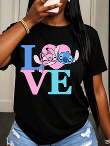 Disney Stitch And Lilo Love Heart Print T Shirt Women Casual Summer Fashion Graphic Tee For Everyday Wear And Outings - 黑色 - 查看 1