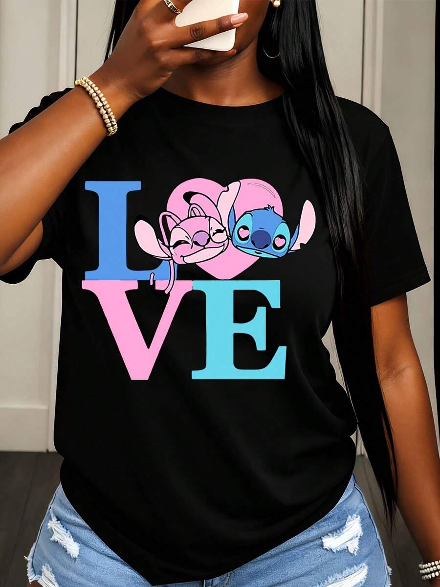 Disney Stitch And Lilo Love Heart Print T Shirt Women Casual Summer Fashion Graphic Tee For Everyday Wear And Outings - 黑色 - 查看 1
