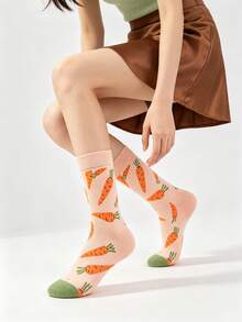 1 Paar mehrfarbige Karottenmuster Wadenlange Socken, süß & lustig im Landhausstil, weiche bequeme modische Sommer Wadenlange Socken, geeignet für tägliche Outdoor Landhausspaziergänge Familie und andere Anlässe, Sommer Herren & Damen Wadenlange Socken - Verschiedenfarbig - Übersicht 9