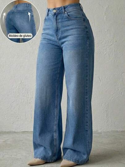 Pantalón Mezclilla Stretch Mujer Corte Wide Leg Cintura Alta