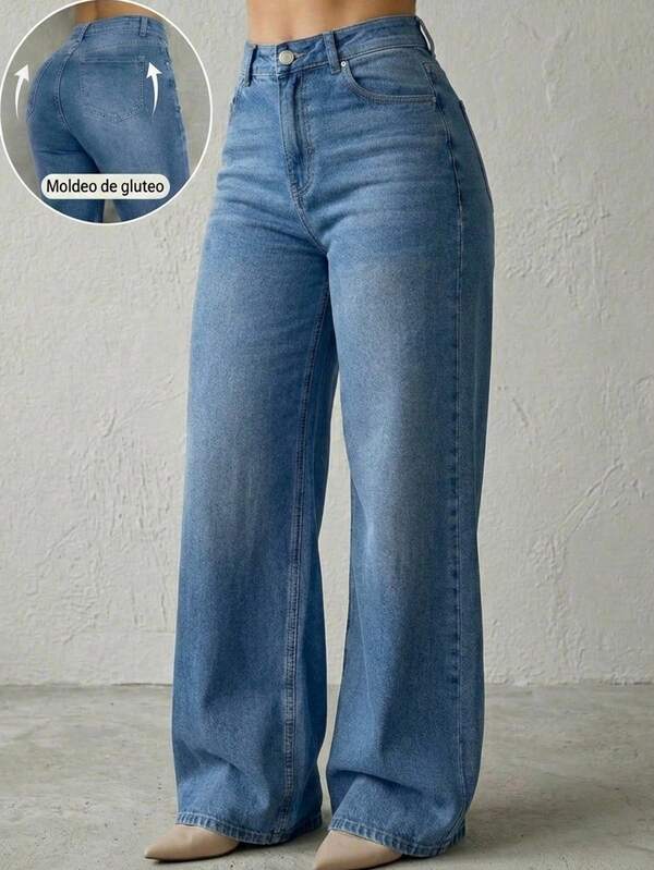 Pantalón Mezclilla Stretch Mujer Corte Wide Leg Cintura Alta