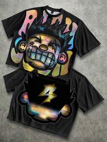 Manfinity Roghcode Men's Oversized Distressed Funny Diamond Teeth Tattoo Big Face Allover Print Cropped Loose T-Shirt (High Quality) - Hitam 2 - View 22