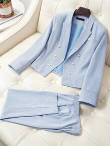 HOMEYEE Women's Fashion Striped Short Blazer & Long Pants Set With Lapel Design And Button Details, Suitable For Office And Casual Occasions - Baby Blue - View 5