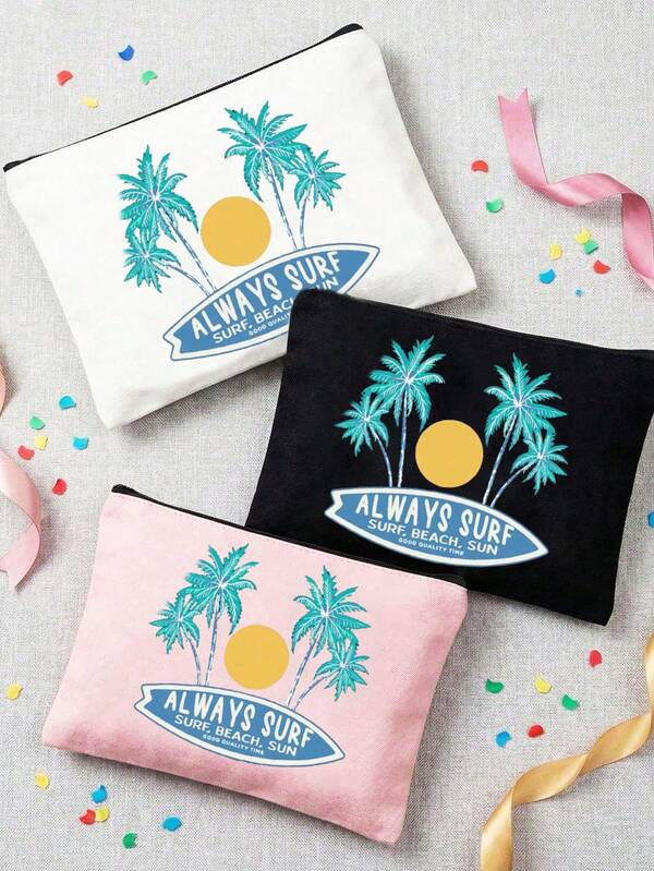 1pc Always Surf Print Makeup Bag, Tropical Coconut Tree Canvas Cosmetic Bag, Waterproof Zipper Storage Organizer Bag, Portable Travel Toiletry Bag, Suitable For Women And Girls