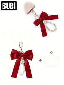 Pearl Bow Keychain, Women's & Girls' Fashion Accessory, Universal Bag Charm, Car Key Chain, Wrist Strap Handbag Decoration, Holiday Gift, Car Accessory - Red - View 17