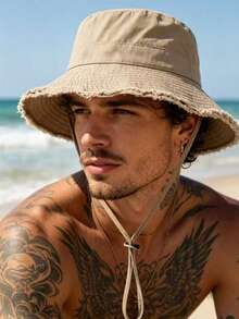 1pc Men's Brim Bucket Hat, Adjustable Chin Strap Design, Sun-Shading & Windproof, Fashionable, Suitable For Travel, Beach, Casual Daily Wear - A - View 5