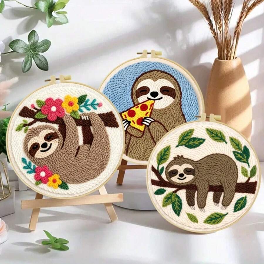 DIY Punch Needle Embroidery Kit, Includes Punch Needle, Yarn, Instructions, Embroidery Hoop And Pre-Printed Fabric, Sloth Pattern, Suitable For Home Wall Decor, Perfect Gift For Family And Friends, 20X20cm (7.87X7.87 Inches)