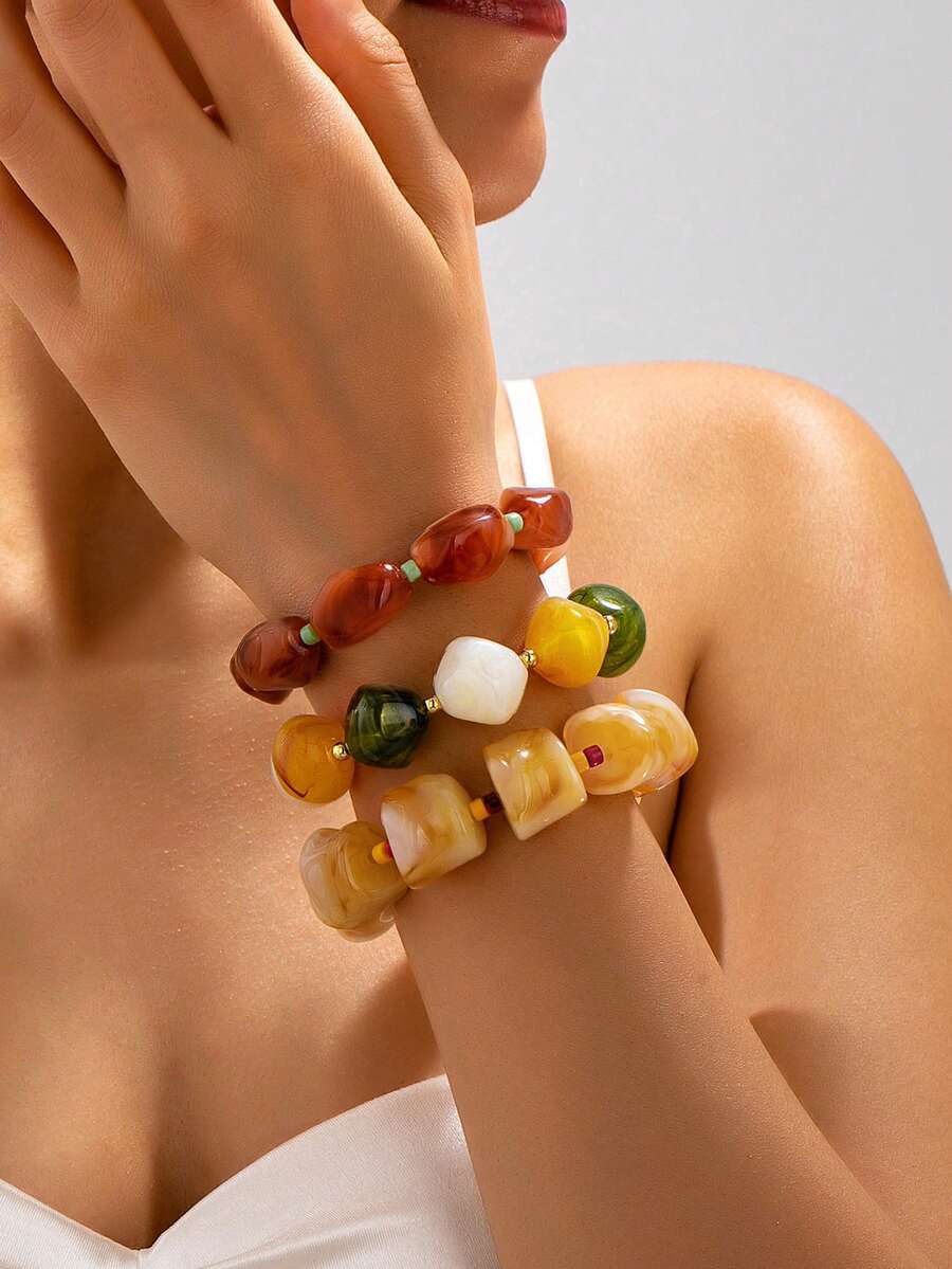 1pc/3pcs Fashionable Personalized Beaded Bracelet Bohemian Style Elegant Multicolor Set Asymmetrical Beads Multi-Layer Stackable Jewelry Versatile Bangle - Beaded Bracelet - View 1
