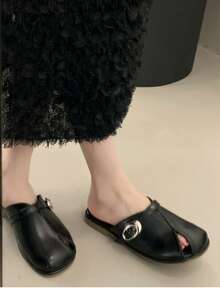 Women's Minimalist Metal Buckle Flat Mule Slippers, Split Peep Toe Slip-On Casual Slides, Versatile Black Shoes For Daily Wear & Commute - Black - View 2