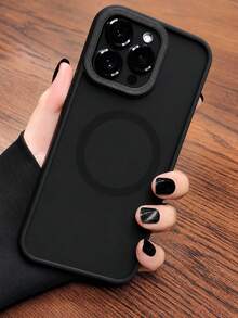 VRNOEI 1pc Translucent Matte Magnetic Phone Case, Compatible With IPhone 17 Air 16 15 14 Plus 13 12 11 Pro Max, Supports Wireless Charging, Matte Protective Shell, Metal Texture Diamond Pattern Lens Frame And Button Accessories - Black - View 1
