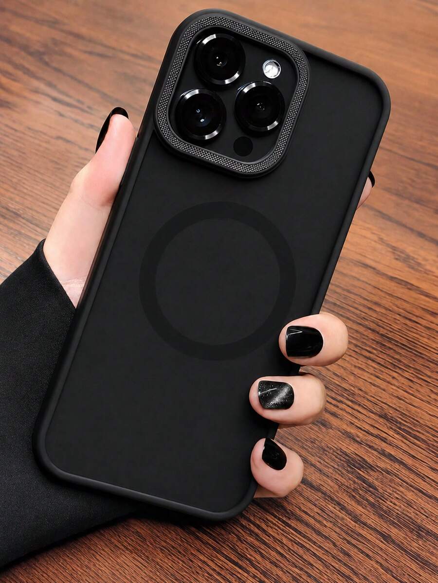 VRNOEI 1pc Translucent Matte Magnetic Phone Case, Compatible With IPhone 17 Air 16 15 14 Plus 13 12 11 Pro Max, Supports Wireless Charging, Matte Protective Shell, Metal Texture Diamond Pattern Lens Frame And Button Accessories - Black - View 1