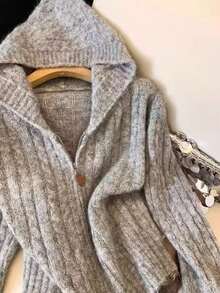 Women's Autumn/Winter Slouchy Zipper Hooded Long Sleeve Knit Cardigan Jacket, Casual Commute College Versatile Sweater - Grey - View 5