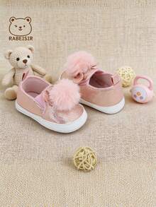 RABEISIR Cute Plush Ball Infant Flat Shoes, Infant Toddler Shoes, Rabbit Design, Suitable For Indoor & Party, All Season - Pink - View 7