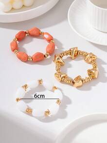 3pcs Pink Resin Beads Bracelet Set - Stackable Gold Tone Asymmetrical Stone Elastic Bracelets, Bohemian Style Stackable Women's Jewelry Gift - Orange-white - View 6