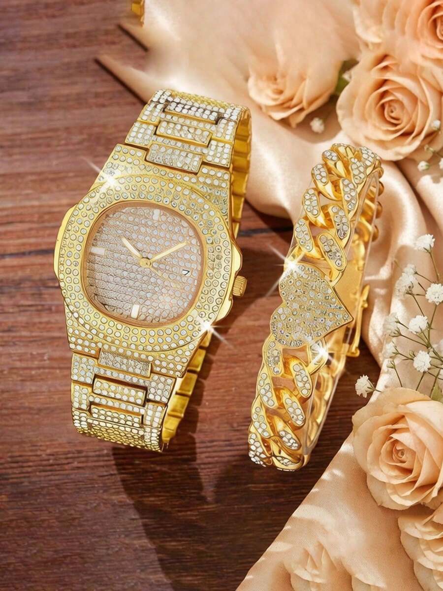 2pcs/Set European & American Hip Hop Cuban Bracelet Necklace Watch Gift Set Quartz Watch - 2pcs - View 1