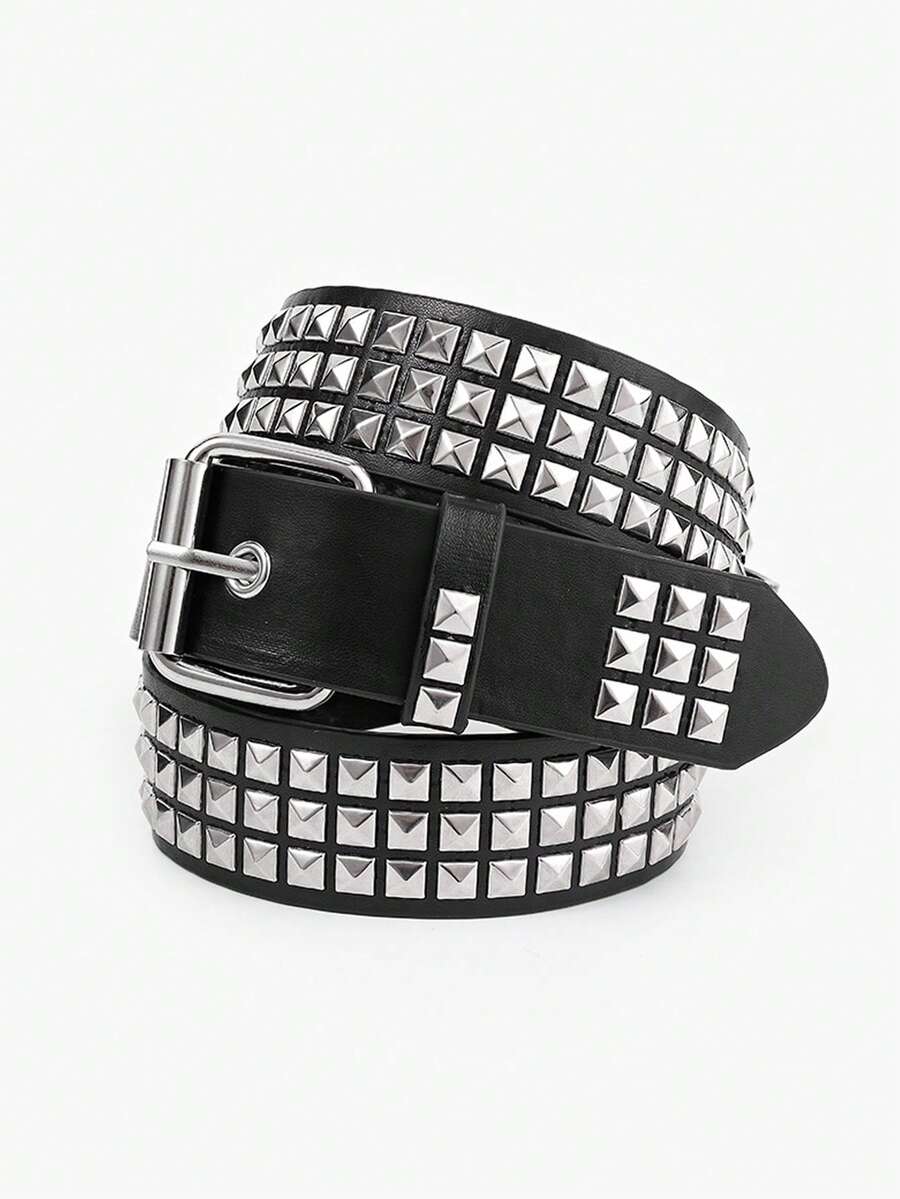 1 pieza Cinturón estilo punk con ojales, cinturón de PU con decoración de remaches estilo hip hop unisex - Negro A - Ver 1