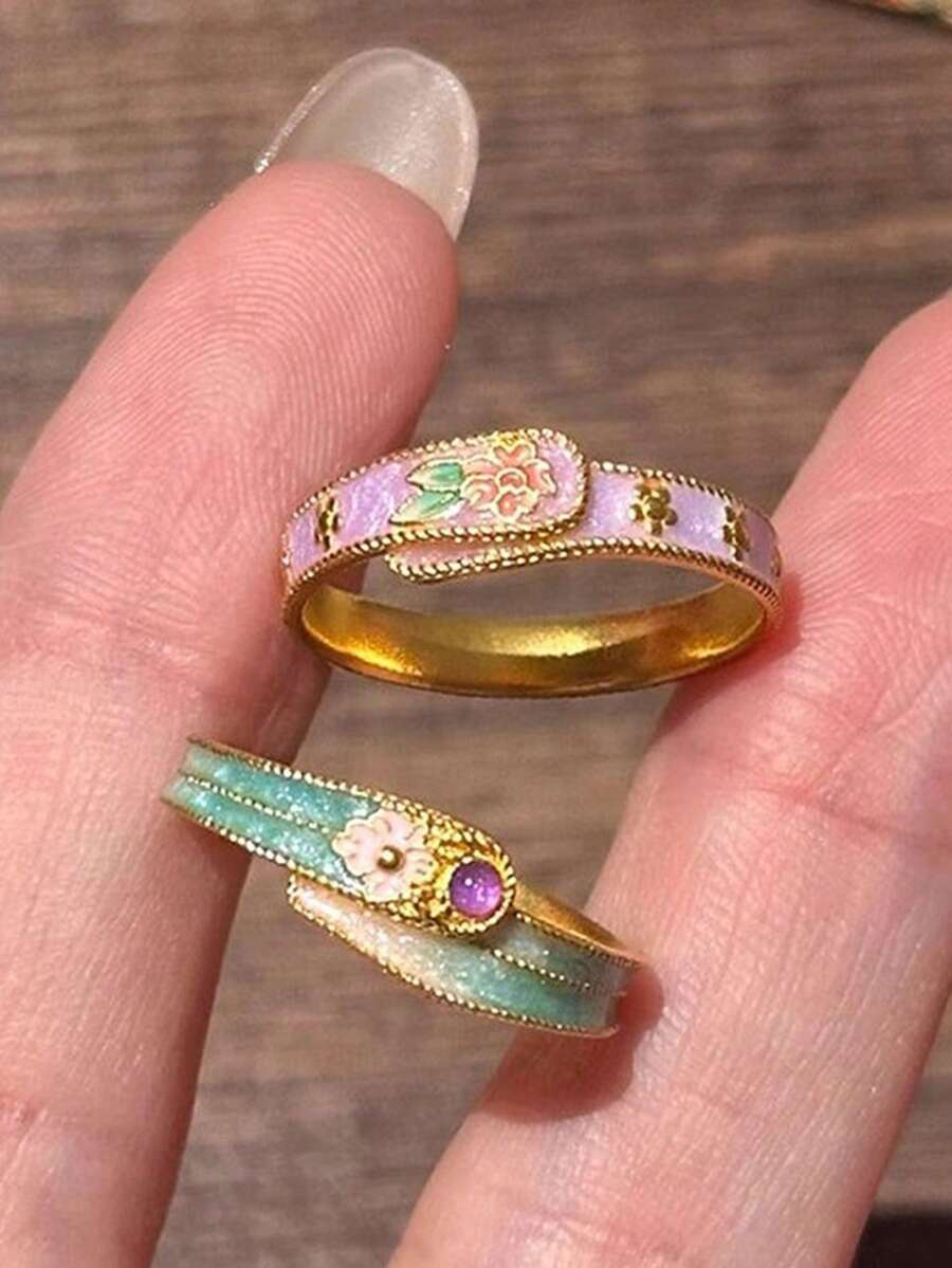 1 pieza Anillo exquisito con estampado floral de melocotón y esmalte de goteo estilo chino vintage