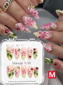 10入 春季可愛瓢蟲蜜蜂花卉杏仁形假指甲 XS/S/M 中號裸粉色杏仁形穿戴式甲片 全覆蓋雕花美甲指尖 - 彩色 - 查看 10