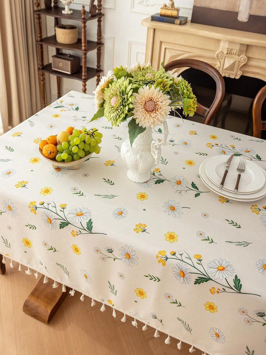 MineLain 1 buah Taplak Meja Persegi Panjang Motif Bunga Daisy Gaya Pastoral, Dekorasi Rumbai Beige, Taplak Meja Makan Rumah, Cocok Untuk Dapur Keluarga, Ruang Makan, Pesta Makan Malam, Piknik Berkemah, Kencan, Pernikahan, Dekorasi Pesta Tema Luar Ruangan, Penggunaan Dalam dan Luar Ruangan, Dekorasi Musim Semi dan Musim Panas - MultiWarna - View 1