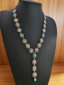 1pc Western Cowboy Style Pink Turquoise Long Necklace, Vintage Distressed Y-Shaped Sweater Chain, Unique Niche Accessory - Necklace - View 14