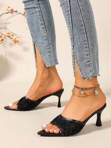 Women's Fashion Fabric Floral Quilted Pointed Toe Claw Slip-On Wedding Spring/Summer New Plus Size Black Wine Glass Heel High Heel Sandals - Black - View 2
