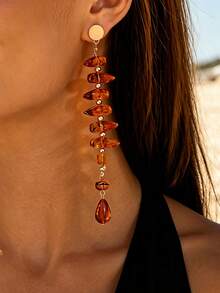 1 Pair Fresh Vacation Style Gold-Plated Asymmetrical Turquoise-Colored Faux Turquoise Beaded Long Dangle Earrings For Women, Beach Outing And Commuting, Niche Elegant Jewelry - Golden Yellow + Tortoiseshell - View 1