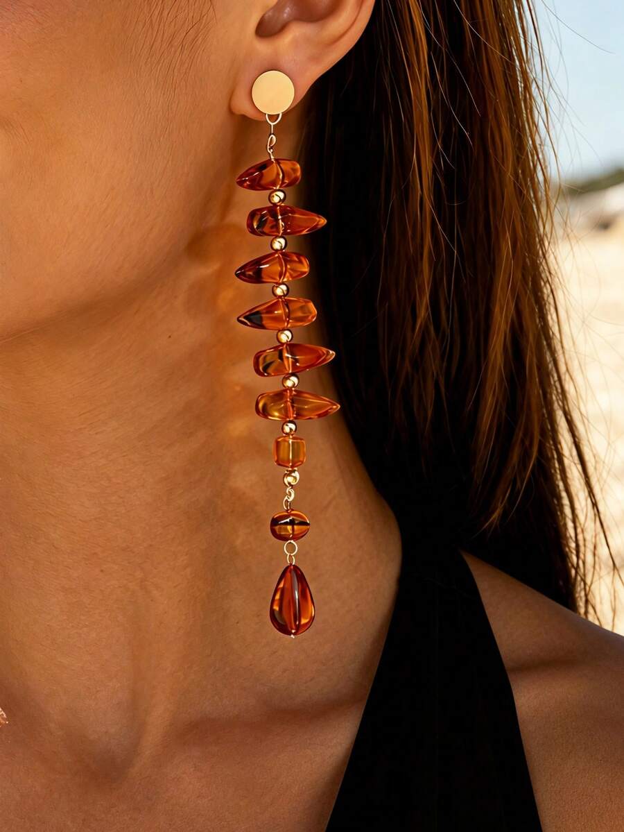1 Pair Fresh Vacation Style Gold-Plated Asymmetrical Turquoise-Colored Faux Turquoise Beaded Long Dangle Earrings For Women, Beach Outing And Commuting, Niche Elegant Jewelry - Golden Yellow + Tortoiseshell - View 1